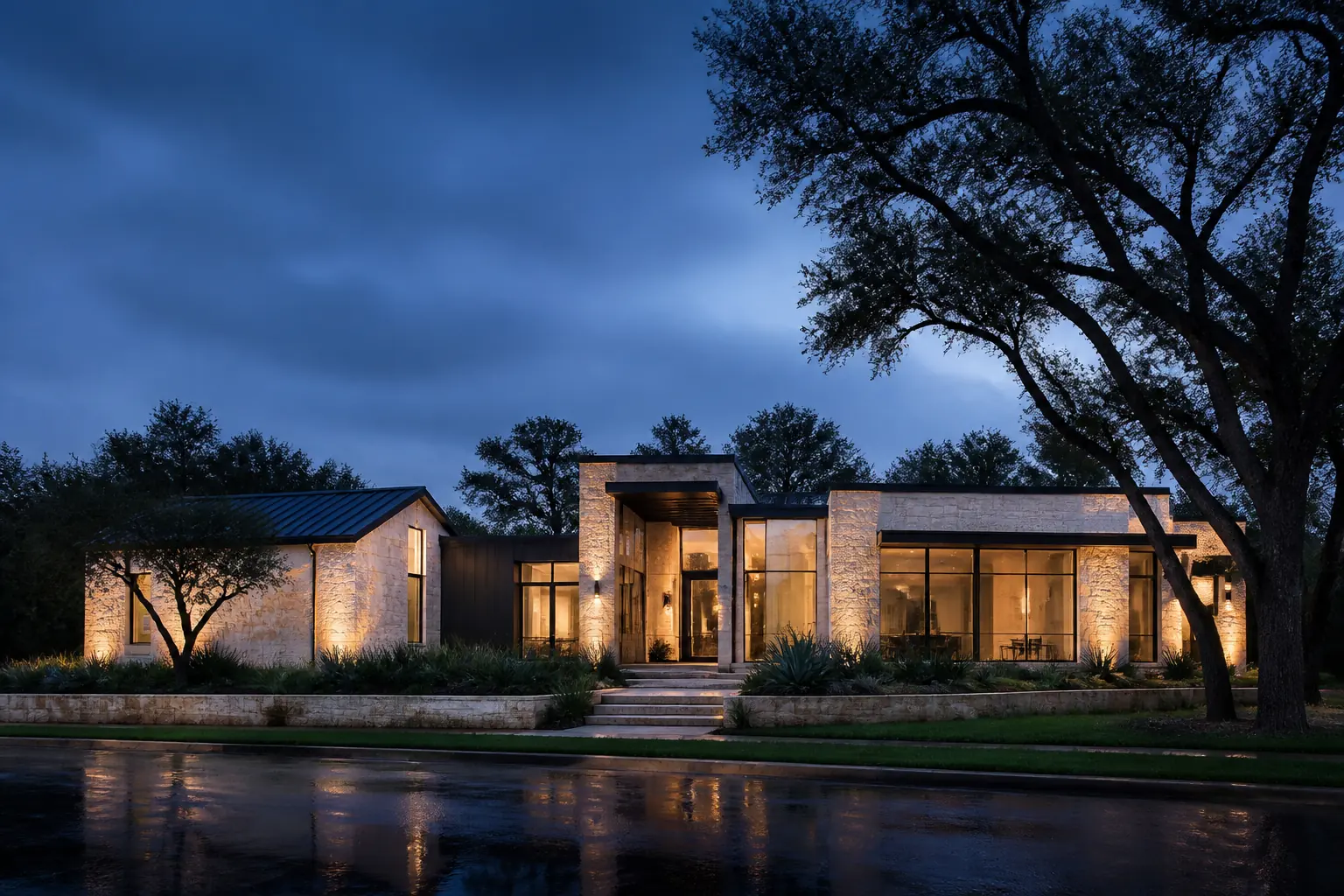 Concept study of a pale limestone Austin home glowing after rain at blue hour