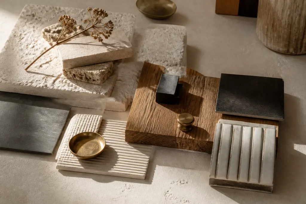 Concept study of limestone, oak, steel, handmade tile, and brass material samples