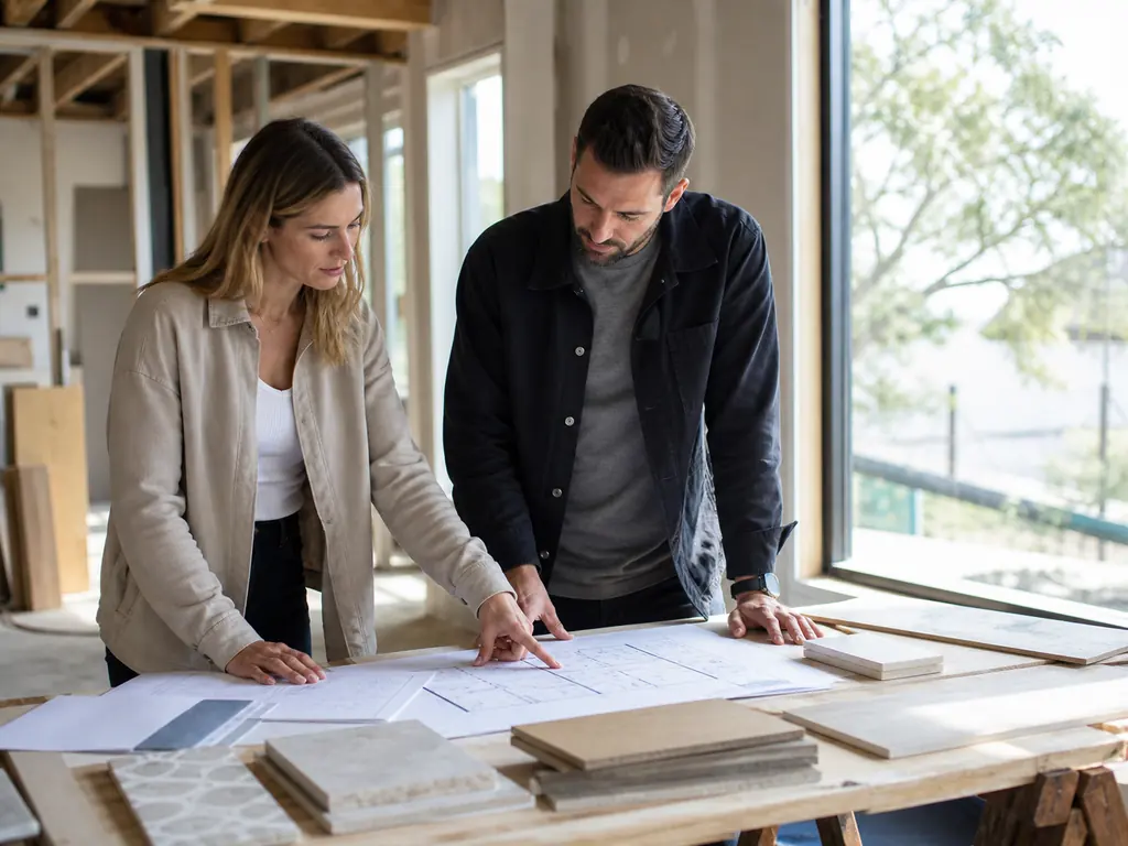 Concept study of an architect and construction lead reviewing plans and material samples on site