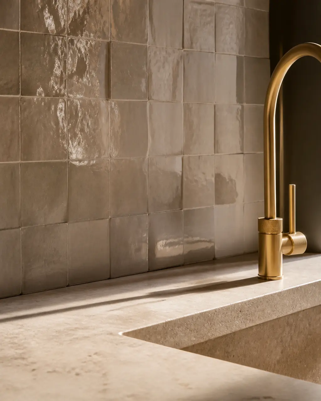 Concept study of hand-laid tile, limestone, and aged-brass faucet craftsmanship